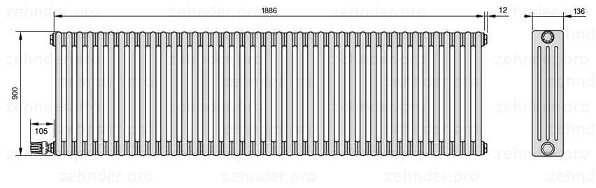 Схема (чертеж) Радиатор Zehnder Charleston 4090/41 №V003 Белый глянцевый RAL 9016